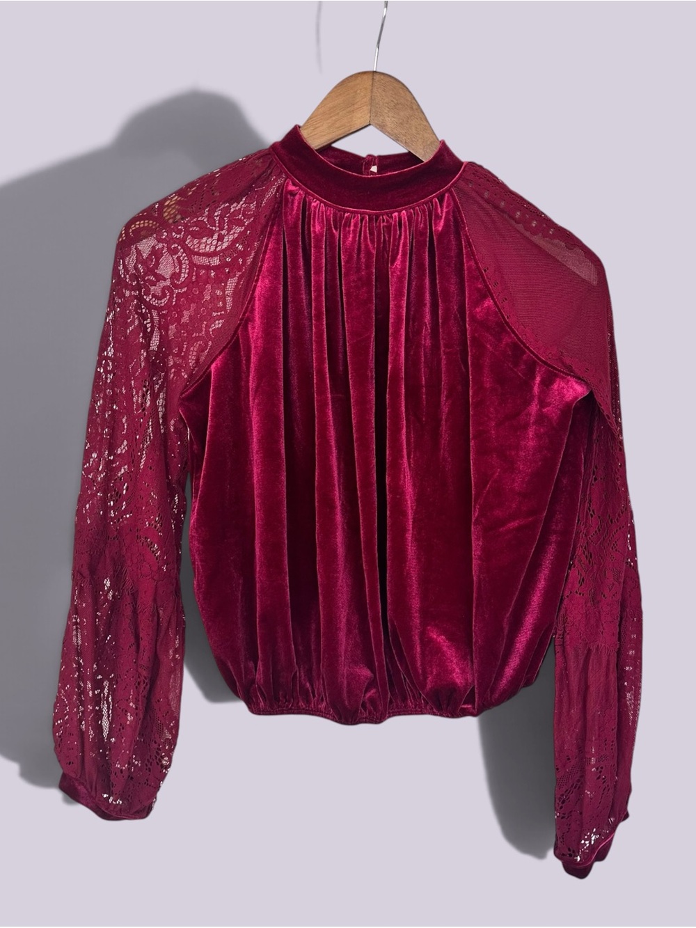 Free People Dream Team Velvet & Lace Mock Neck Blouse - Raspberry XS